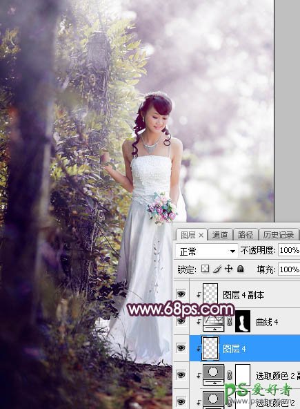 Photoshop给树林中拍摄的清新美女婚纱艺术照调出唯美的淡紫色