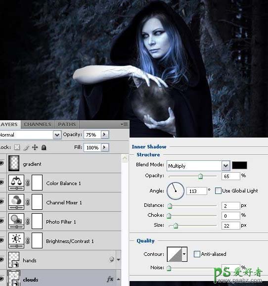 photoshop创意合成黑夜里使用魔法球的女巫形象