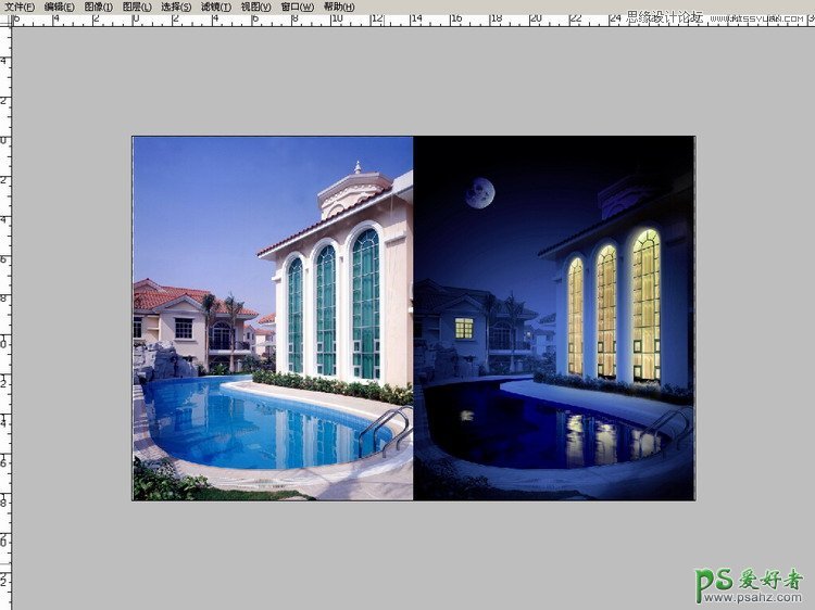 Photoshop给一张白天拍摄的别墅风景图片调出逼真的夜景效果