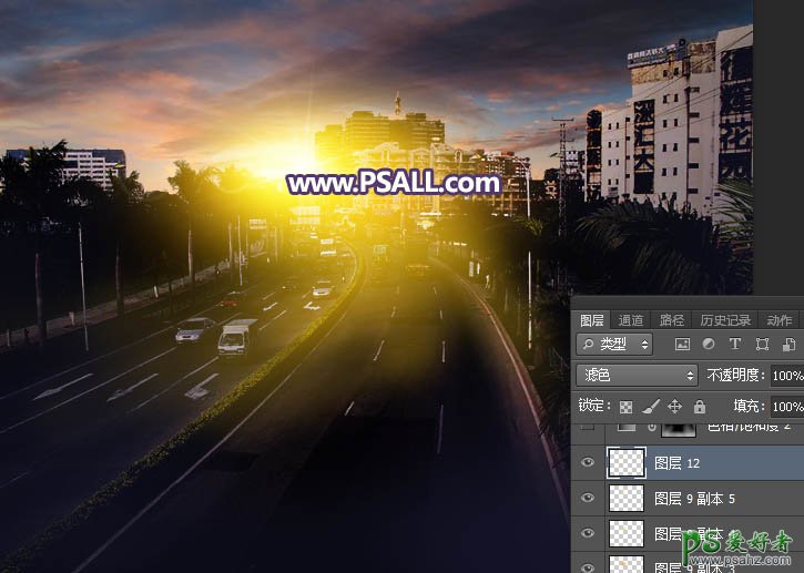 Photoshop给城市公路风景图片调出暖暖的日出效果，色彩有层次感