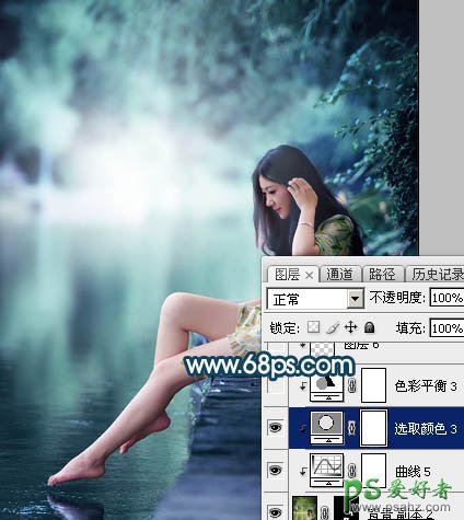 Photoshop给清纯玉腿美脚女神艺术写真图片调出梦幻唯美的青绿色