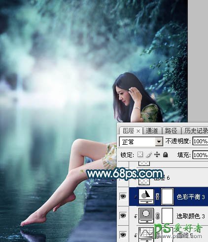 Photoshop给清纯玉腿美脚女神艺术写真图片调出梦幻唯美的青绿色