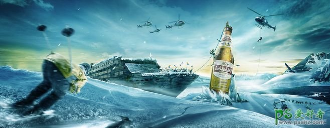 冷酷风格的冰雪主题海报设计，冰天雪地的科幻场景图片。