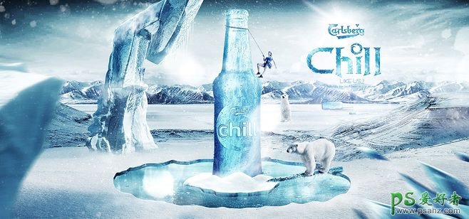 冷酷风格的冰雪主题海报设计，冰天雪地的科幻场景图片。