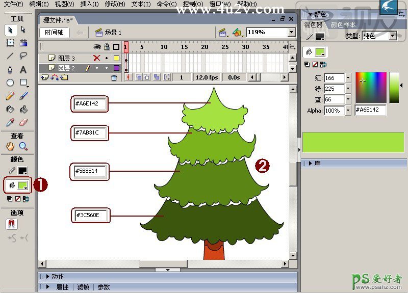 Flash教程实例：学习制作失量卡通风格的圣诞树素材图片。