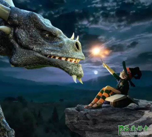 Photoshop合成魔法小男孩子召唤史前巨龙的场景，召唤恐龙的男孩