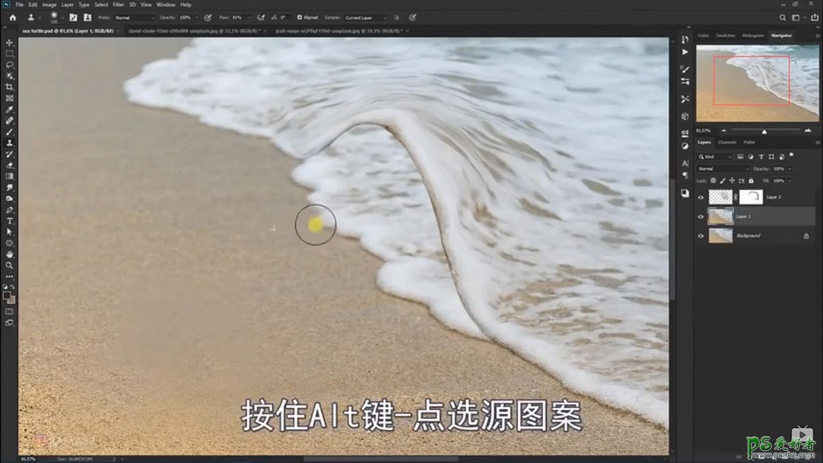 Photoshop创意合成小海龟走进掀开被子效果的海浪中，回家的海龟