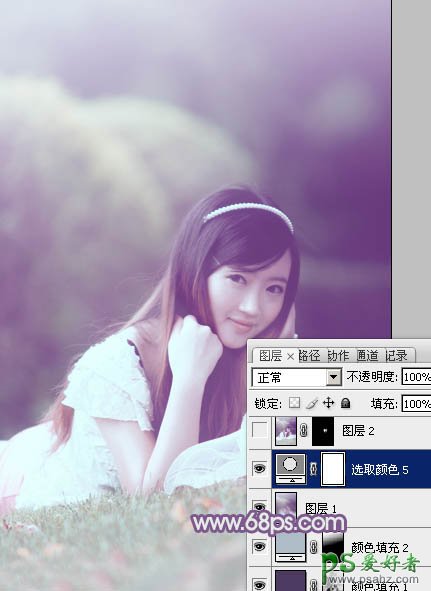 PS中性色美女图片调色：给草地上的唯美女孩调出中性紫色