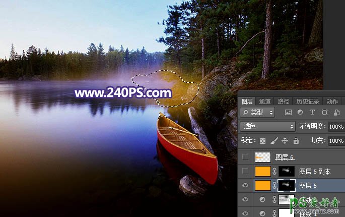 PS风景照调色实例：给平静的湖景照片加上唯美的日出效果。