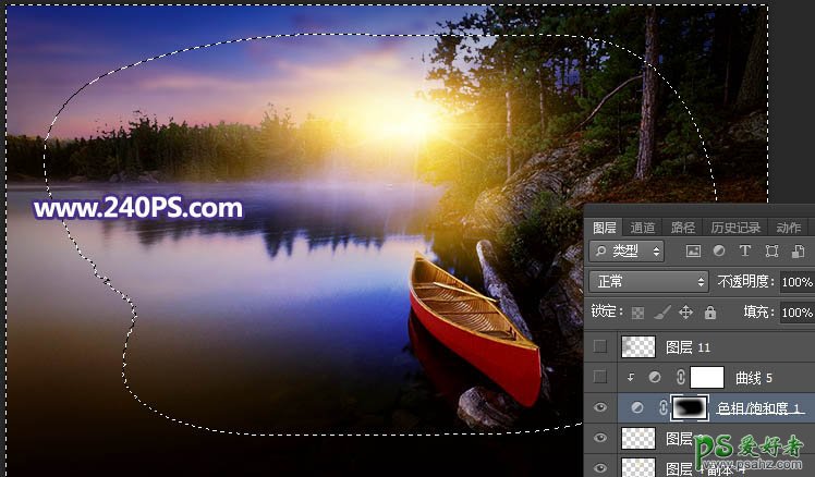 PS风景照调色实例：给平静的湖景照片加上唯美的日出效果。