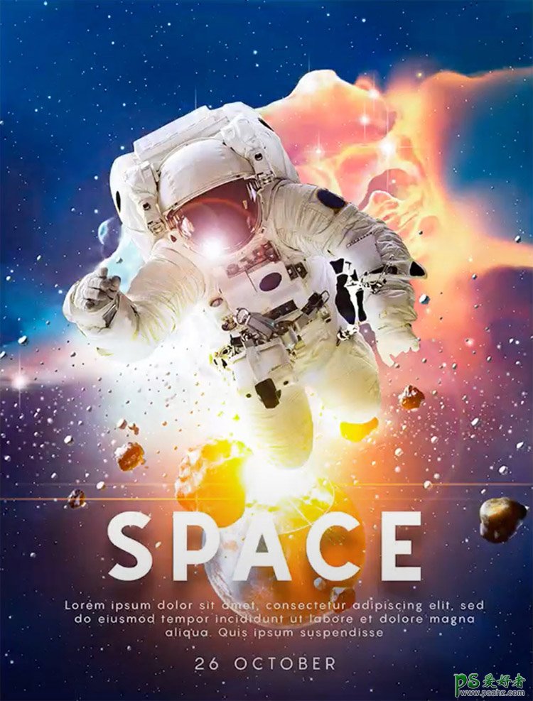 PS海报设计教程：学习制作一张科幻风格的宇宙探险海报。