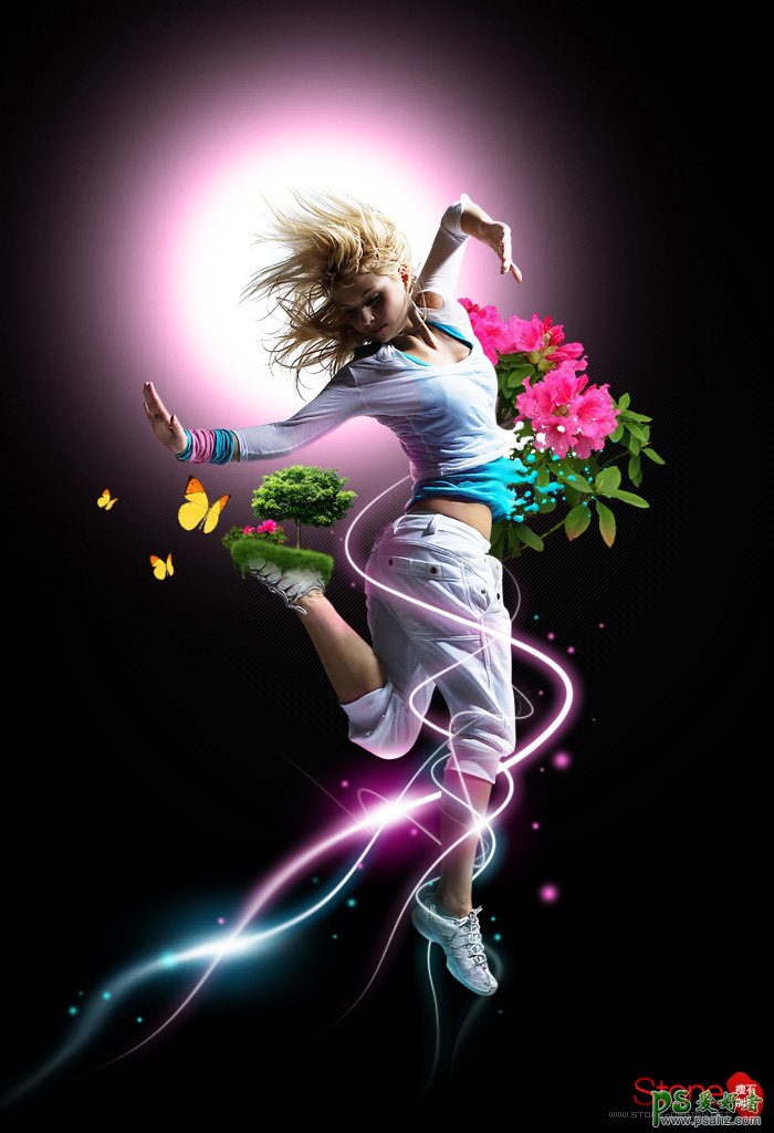 超级炫目的光影舞者海报设计，潮流炫酷的美女舞者图片设计。