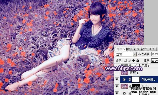 photoshop调出草地上的新清美女图片柔和紫红色