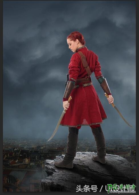 Photoshop设计以中世纪女战士为主题的电影海报图片，手拿火剑的