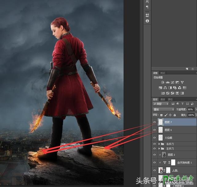 Photoshop设计以中世纪女战士为主题的电影海报图片，手拿火剑的