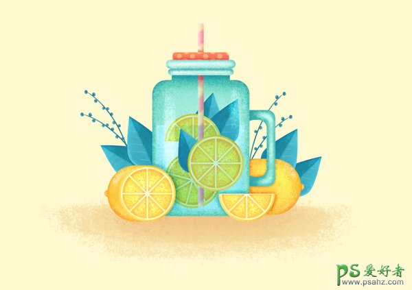Photoshop手绘炎炎夏日清凉的柠檬水插画图片，创意柠檬水插画设