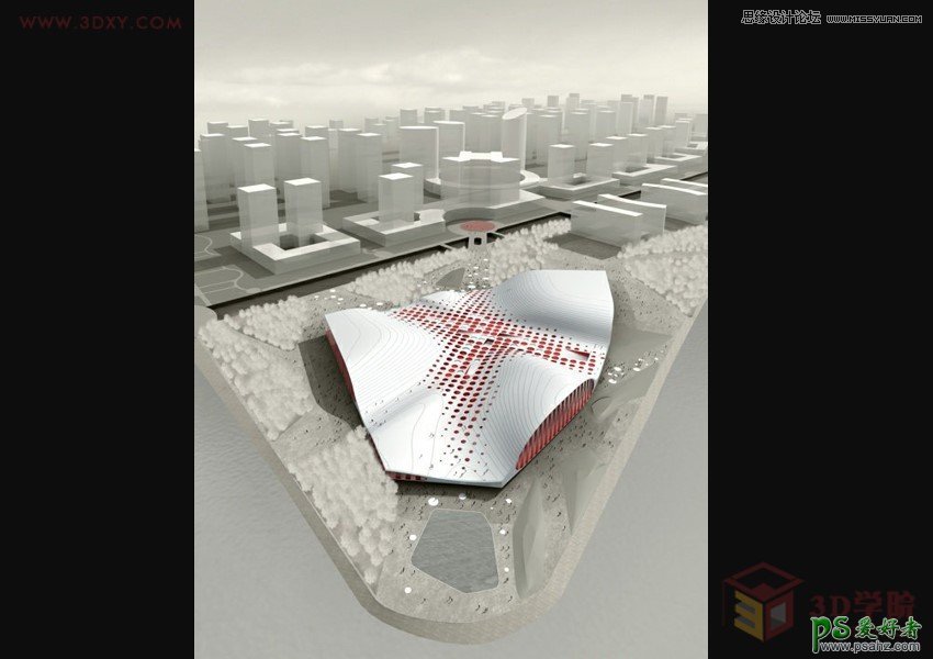 用3DMAX制作异形体育馆的模型，用Poly制作异形体育馆建筑效果