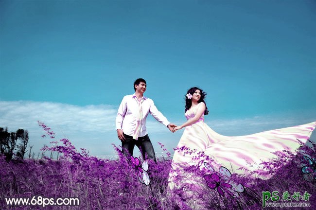PS调色教程：给漂亮情侣婚纱照调出青紫色效果