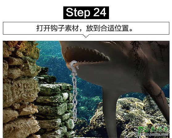 Photoshop创意合成众水族馆中钻出的大鲨鱼特效图片