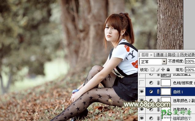 Photoshop调色实例教程学习：给黑丝袜树林风景中的MM调出淡暖色