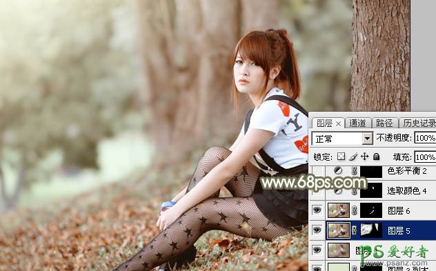 Photoshop调色实例教程学习：给黑丝袜树林风景中的MM调出淡暖色