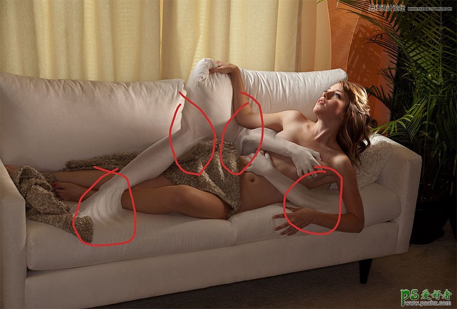 Photoshop人像特效照片制作教程：打造沙发上被男人搂着的裸女
