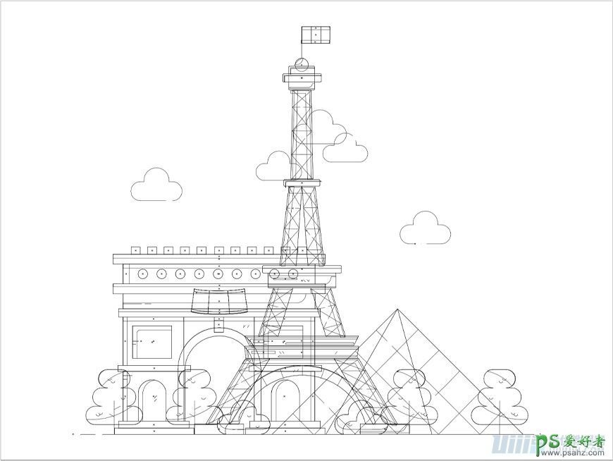 Illustrator手绘失量卡通风格的法国知名建筑图。