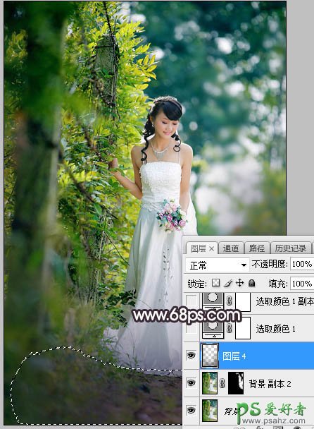 Photoshop给树林中拍摄的甜美少女婚纱照调出青红色逆光效果