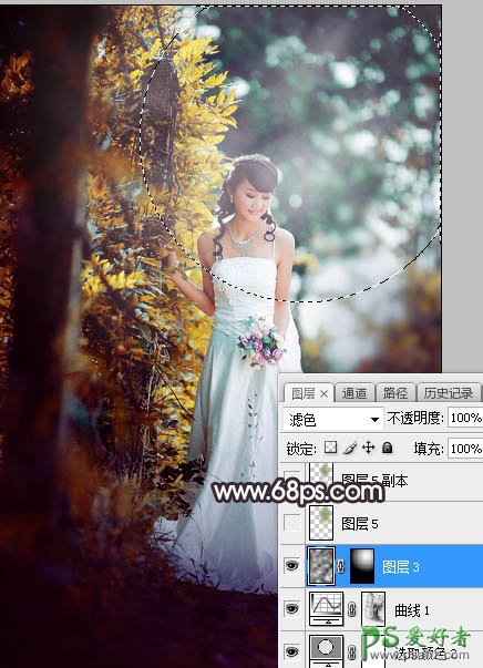 Photoshop给树林中拍摄的甜美少女婚纱照调出青红色逆光效果