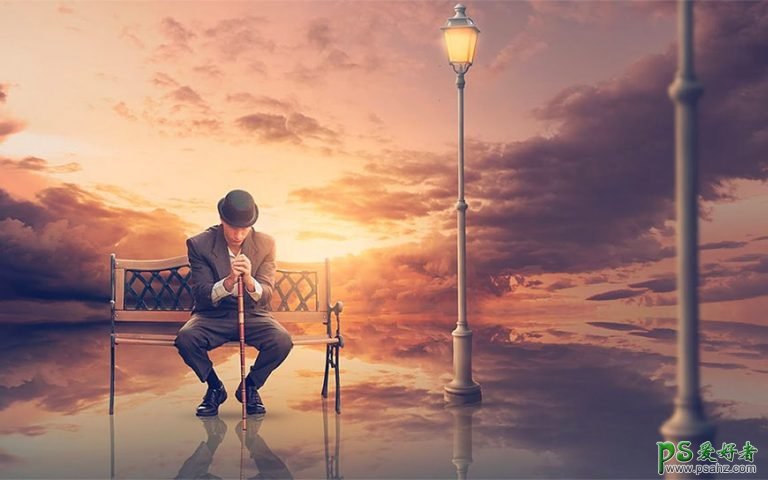 Photoshop创意合成夕阳霞光中坐在水上沉思的男士场景。