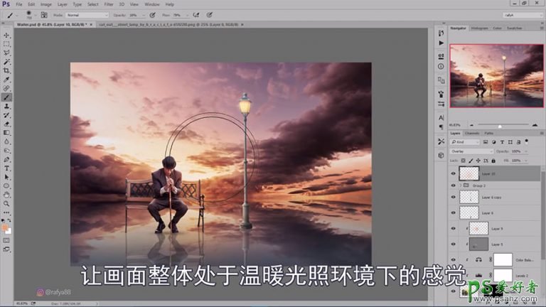 Photoshop创意合成夕阳霞光中坐在水上沉思的男士场景。