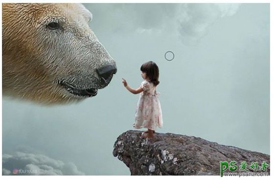 Photoshop合成小女孩子召唤出天空中的大熊怪兽场景，召唤熊怪