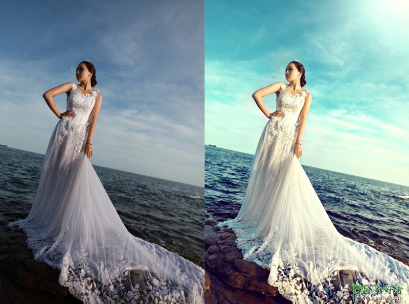 PS婚片调色教程：给浪漫的外景海边婚纱照调出大气的欧美色调