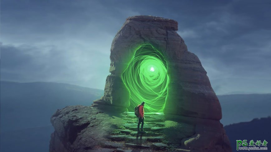 Photoshop创意合成走进神秘山洞的登山男子，走进时空山洞场景。