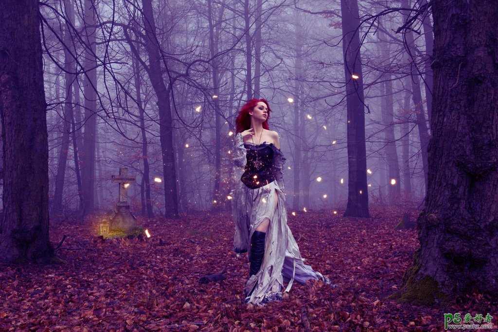 PS美女后期合成教程：打造唯美梦幻紫色魔法森林中的美女人像场景