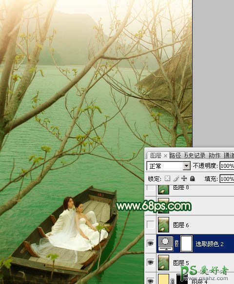 photoshop调出烂漫的春季湖水上的情侣婚纱写真照