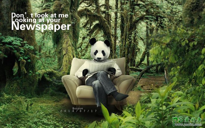 PS人与动物合成教程：把大熊猫与老人合成出密林中看报的熊猫人