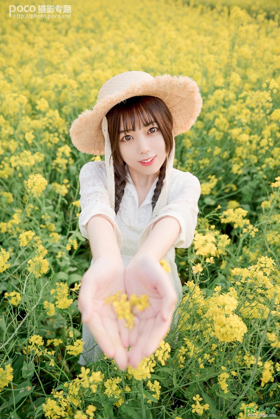 Photoshop给油菜花田里拍摄的可爱女生照片调出唯美的小清新效果