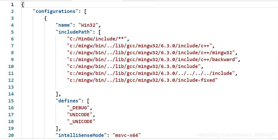 此图为VScode中c_cpp_properties.json文件，其中"includepath"的路径设置为我们需要解决的问题