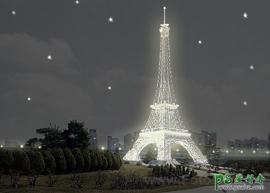 PS照片特效制作教程：把宏伟的铁塔建筑物制作成繁星闪烁夜景效果