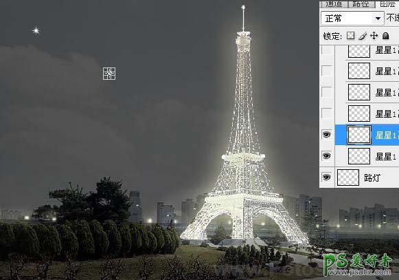 PS照片特效制作教程：把宏伟的铁塔建筑物制作成繁星闪烁夜景效果