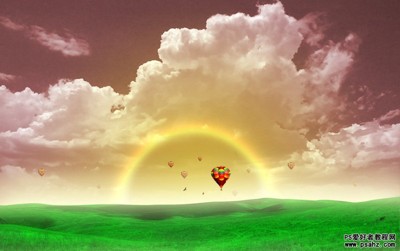 PS合成教程：创意合成彩虹热气球漂亮的的田野风光