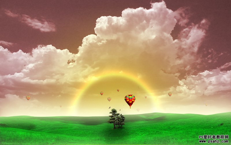 PS合成教程：创意合成彩虹热气球漂亮的的田野风光