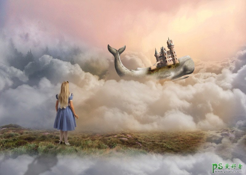 PS场景合成实例：创意打造小女孩儿眺望云层中的城堡场景。