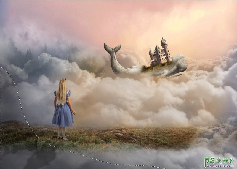 PS场景合成实例：创意打造小女孩儿眺望云层中的城堡场景。