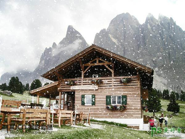 PS雪景照片制作教程：给漂亮的山野别墅风景照加上冬季飘雪效果。