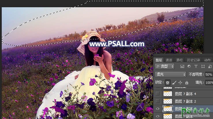 PS婚片调色教程：给花丛中拍摄的漂亮mm婚纱照调出完美的日出效果