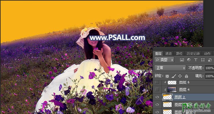 PS婚片调色教程：给花丛中拍摄的漂亮mm婚纱照调出完美的日出效果