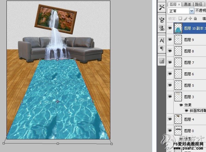 photoshop合成客厅墙上从画框中流水的瀑布效果