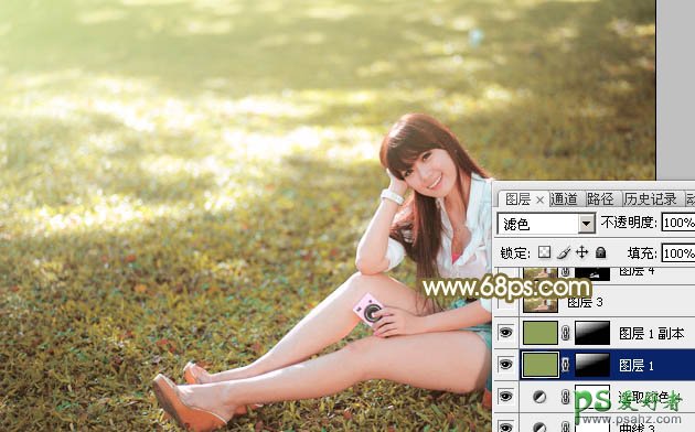 Photoshop给性感的美腿少女户外写真照调出柔美黄色调效果